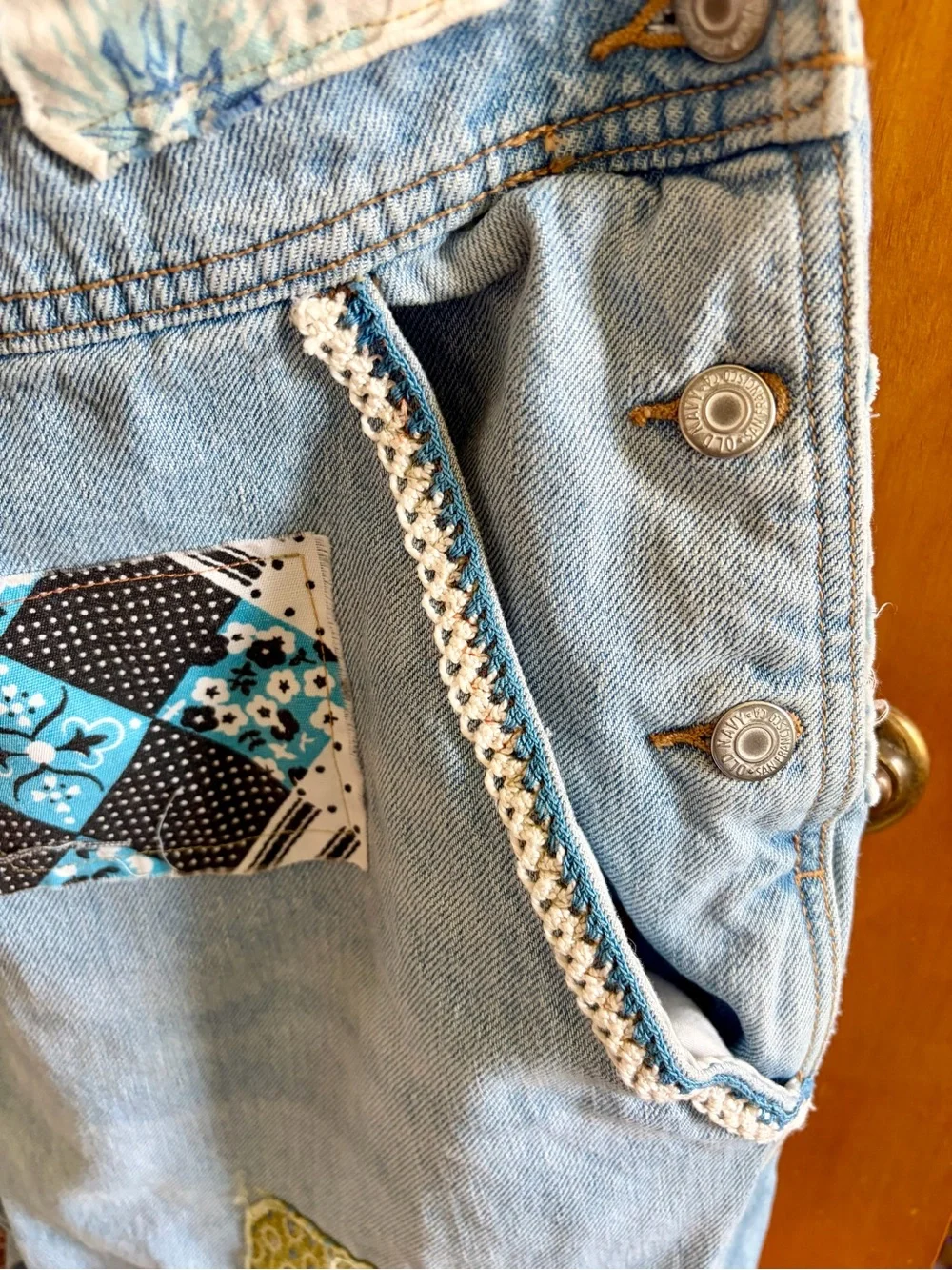 Adorable Old Navy Light Blue Denim Colorful Patchwork Overalls - Picture 6 of 13